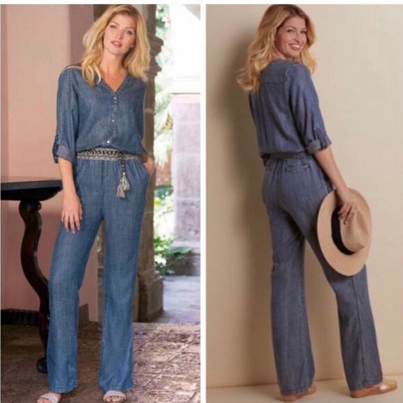 Soft Surroundings Blue Dulce Tencel Chambray Jumpsuit Sz L - Picture 1 of 12